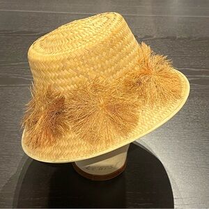 Vintage Straw Bucket Hat with Raffia Pom Trim - Natural Tan